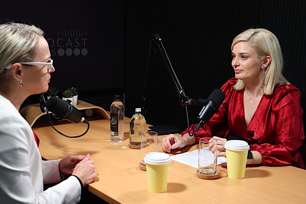 Dominic Lamb and Yasmin Grigalunas filming at The Podcast Boss