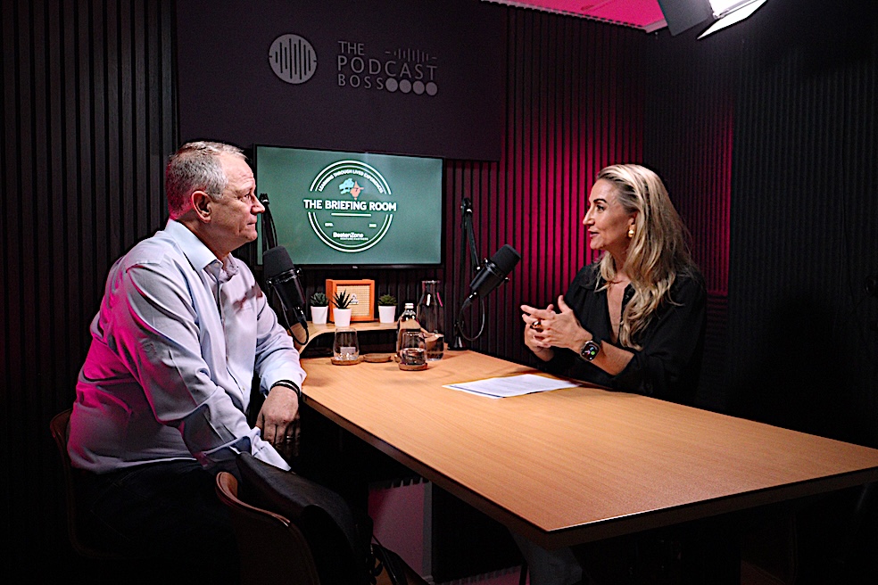 Peta Ellis hosting The Briefing Room podcast at The Podcast Boss