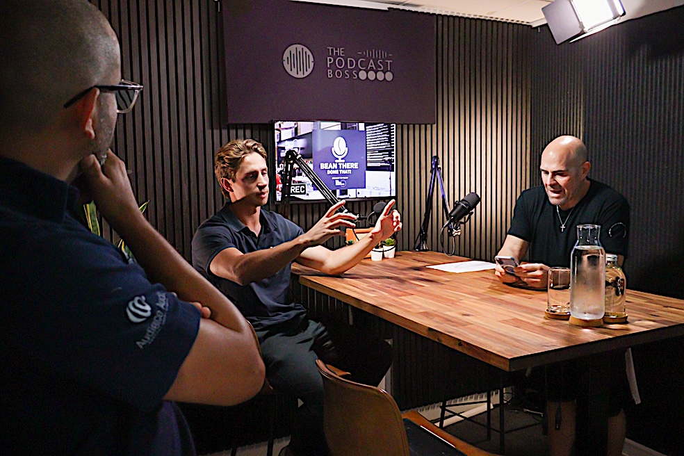 Phillip Di Bella recording his podcast Bean There Done That at The Podcast Boss