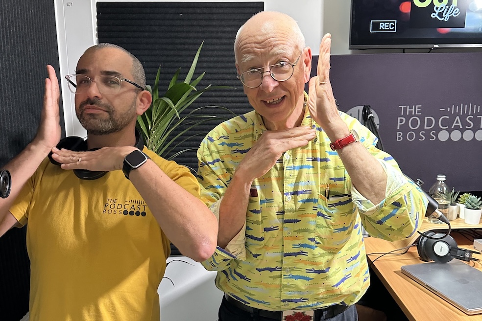 Dr Karl having a great time with Gil filming at The Podcast Boss